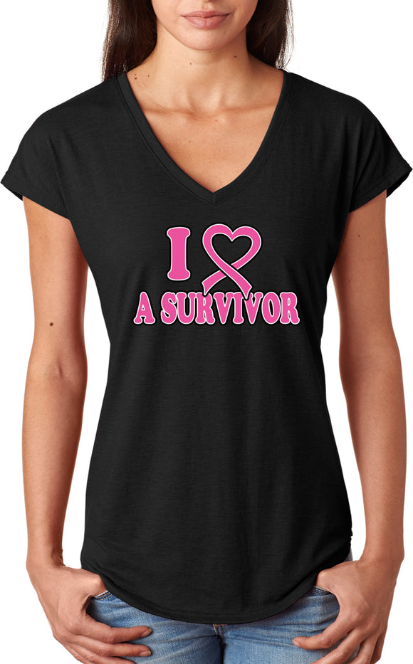 Ladies Breast Cancer T-shirt I Heart a Survivor Triblend V-Neck - Yoga Clothing for You