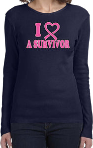 Ladies Breast Cancer T-shirt I Heart a Survivor Long Sleeve - Yoga Clothing for You