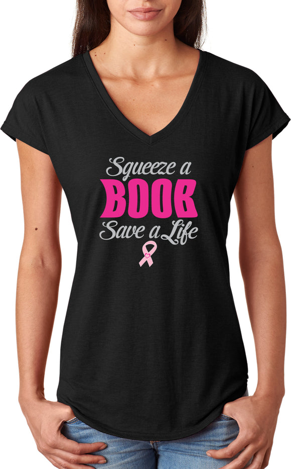 Ladies Breast Cancer T-shirt Save a Life Triblend V-Neck - Yoga Clothing for You