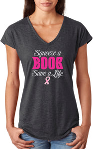 Ladies Breast Cancer T-shirt Save a Life Triblend V-Neck - Yoga Clothing for You