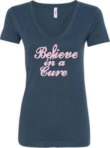 Ladies Breast Cancer T-shirt Believe in a Cure V-Neck - Yoga Clothing for You