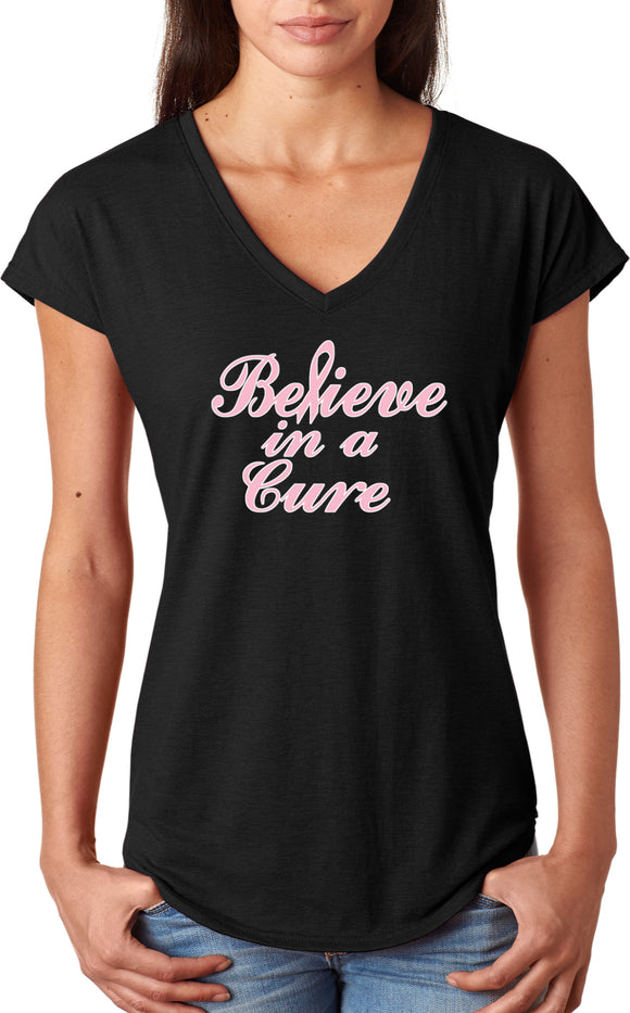 Ladies Breast Cancer T-shirt Believe in a Cure Triblend V-Neck - Yoga Clothing for You