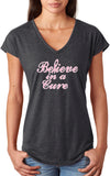 Ladies Breast Cancer T-shirt Believe in a Cure Triblend V-Neck - Yoga Clothing for You