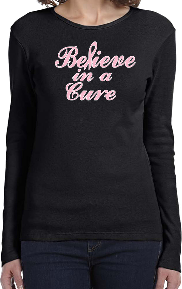 Ladies Breast Cancer T-shirt Believe in a Cure Long Sleeve - Yoga Clothing for You