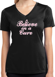 Ladies Breast Cancer T-shirt Believe in a Cure Moisture Wicking V-Neck - Yoga Clothing for You