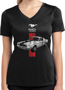 Ladies Ford Mustang T-shirt Red Stripe 50 Years Dry Wicking V-Neck - Yoga Clothing for You