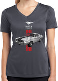 Ladies Ford Mustang T-shirt Red Stripe 50 Years Dry Wicking V-Neck - Yoga Clothing for You