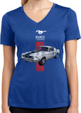 Ladies Ford Mustang T-shirt Red Stripe 50 Years Dry Wicking V-Neck - Yoga Clothing for You
