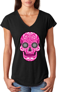 Ladies Halloween T-shirt Pink Sugar Skull Triblend V-Neck - Yoga Clothing for You