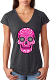 Ladies Halloween T-shirt Pink Sugar Skull Triblend V-Neck - Yoga Clothing for You