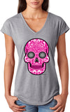 Ladies Halloween T-shirt Pink Sugar Skull Triblend V-Neck - Yoga Clothing for You