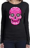 Ladies Halloween T-shirt Pink Sugar Skull Long Sleeve - Yoga Clothing for You