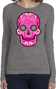 Ladies Halloween T-shirt Pink Sugar Skull Long Sleeve - Yoga Clothing for You