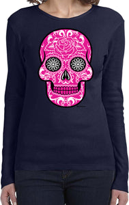 Ladies Halloween T-shirt Pink Sugar Skull Long Sleeve - Yoga Clothing for You