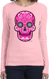 Ladies Halloween T-shirt Pink Sugar Skull Long Sleeve - Yoga Clothing for You