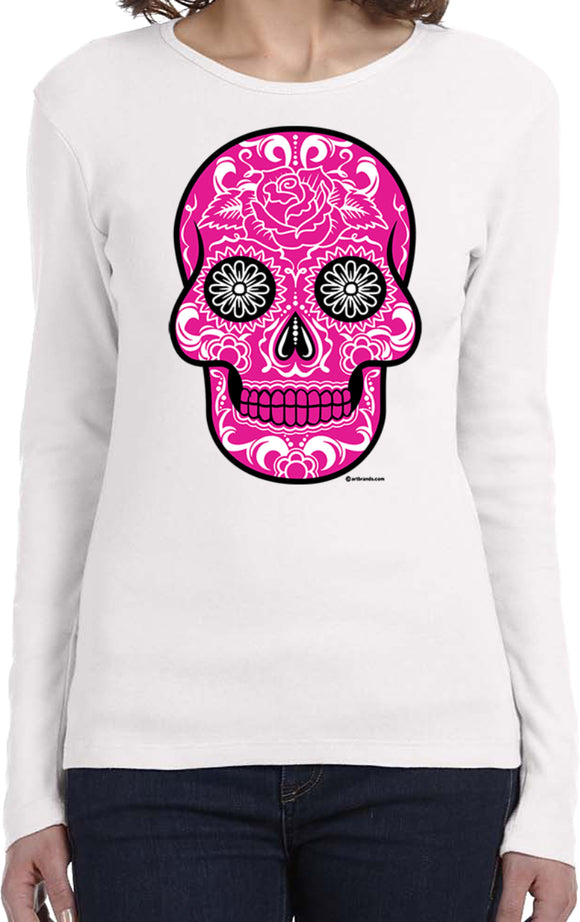 Ladies Halloween T-shirt Pink Sugar Skull Long Sleeve - Yoga Clothing for You