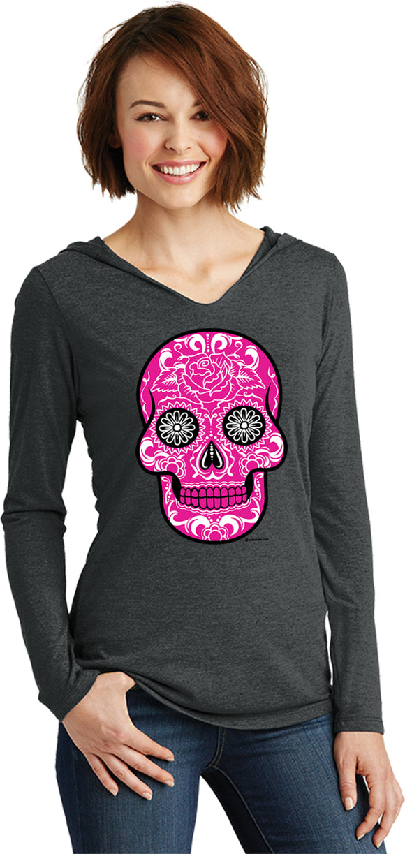 Ladies Halloween T-shirt Pink Sugar Skull Tri Blend Hoodie - Yoga Clothing for You