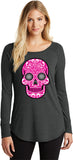 Ladies Halloween T-shirt Pink Sugar Skull Tri Blend Long Sleeve - Yoga Clothing for You