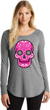 Ladies Halloween T-shirt Pink Sugar Skull Tri Blend Long Sleeve - Yoga Clothing for You