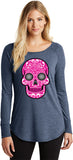 Ladies Halloween T-shirt Pink Sugar Skull Tri Blend Long Sleeve - Yoga Clothing for You