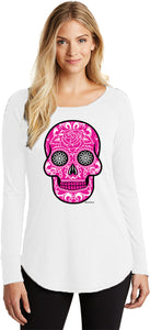Ladies Halloween T-shirt Pink Sugar Skull Tri Blend Long Sleeve - Yoga Clothing for You