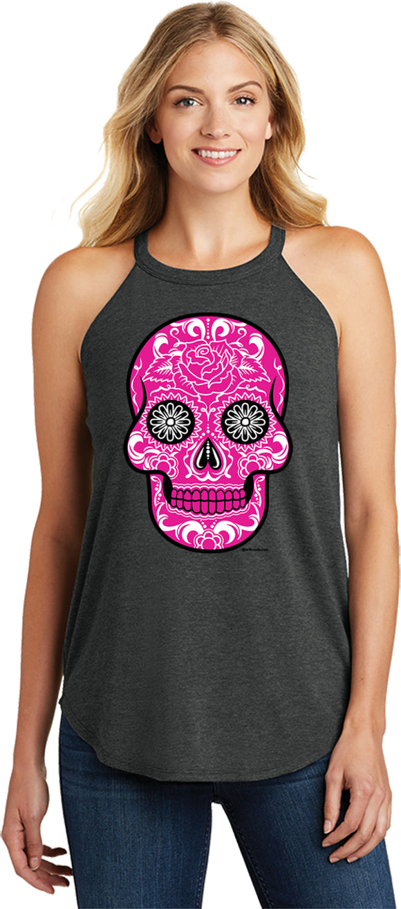 Ladies Halloween Tank Top Pink Sugar Skull Tri Rocker Tanktop - Yoga Clothing for You