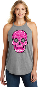 Ladies Halloween Tank Top Pink Sugar Skull Tri Rocker Tanktop - Yoga Clothing for You