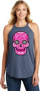 Ladies Halloween Tank Top Pink Sugar Skull Tri Rocker Tanktop - Yoga Clothing for You