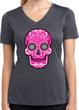 Ladies Halloween T-shirt Pink Sugar Skull Dry Wicking V-Neck - Yoga Clothing for You