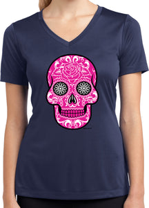 Ladies Halloween T-shirt Pink Sugar Skull Dry Wicking V-Neck - Yoga Clothing for You