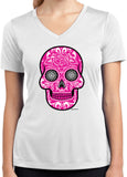 Ladies Halloween T-shirt Pink Sugar Skull Dry Wicking V-Neck - Yoga Clothing for You