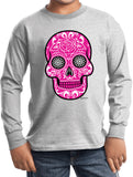 Kids Halloween T-shirt Pink Sugar Skull Youth Long Sleeve - Yoga Clothing for You