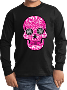 Kids Halloween T-shirt Pink Sugar Skull Youth Long Sleeve - Yoga Clothing for You