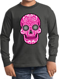 Kids Halloween T-shirt Pink Sugar Skull Youth Long Sleeve - Yoga Clothing for You