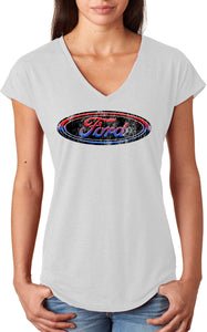 Ladies Ford Oval T-shirt Distressed Logo Triblend V-Neck - Yoga Clothing for You