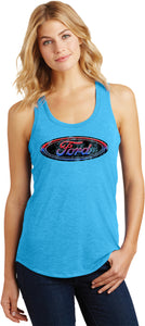 Ladies Ford Oval Tank Top Distressed Logo Racerback - Yoga Clothing for You