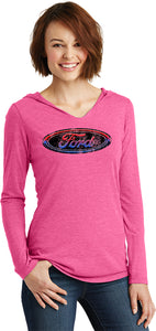 Ladies Ford Oval T-shirt Distressed Logo Tri Blend Hoodie - Yoga Clothing for You