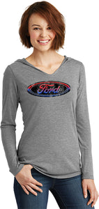 Ladies Ford Oval T-shirt Distressed Logo Tri Blend Hoodie - Yoga Clothing for You
