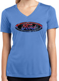 Ford Oval Distressed Logo Ladies Moisture Wicking V-Neck Shirt - Yoga Clothing for You