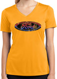 Ford Oval Distressed Logo Ladies Moisture Wicking V-Neck Shirt - Yoga Clothing for You