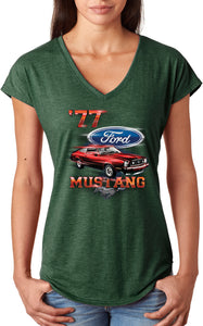 Ladies Ford T-shirt 1977 Mustang Triblend V-Neck - Yoga Clothing for You