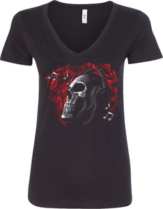 Skull T-shirt Headphones Ladies V-Neck - Yoga Clothing for You