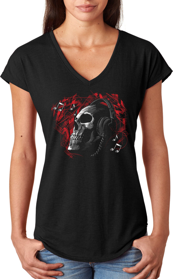 Skull T-shirt Headphones Ladies Triblend V-Neck - Yoga Clothing for You