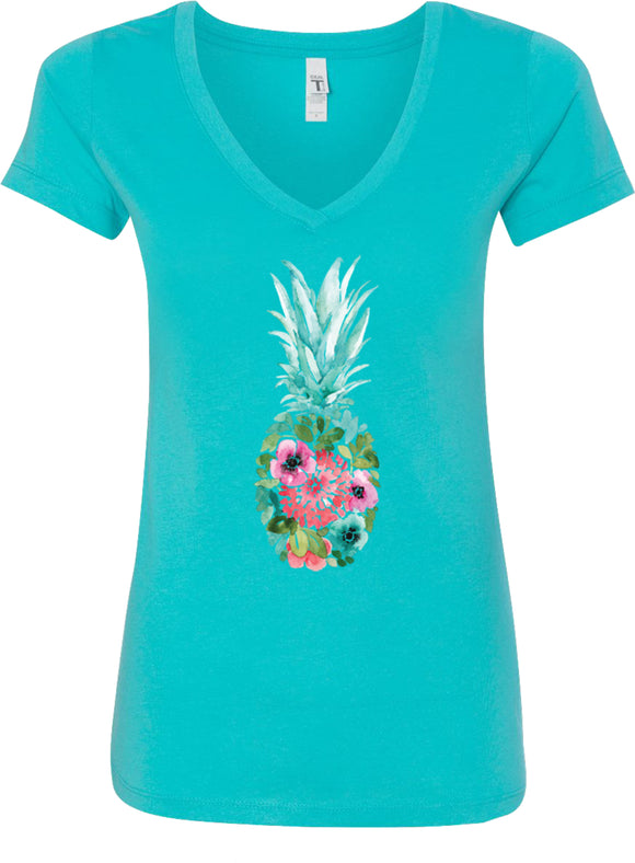 Floral Pineapple Ladies V-neck Shirt - Yoga Clothing for You