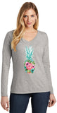 Floral Pineapple Ladies Long Sleeve V-neck Shirt - Yoga Clothing for You