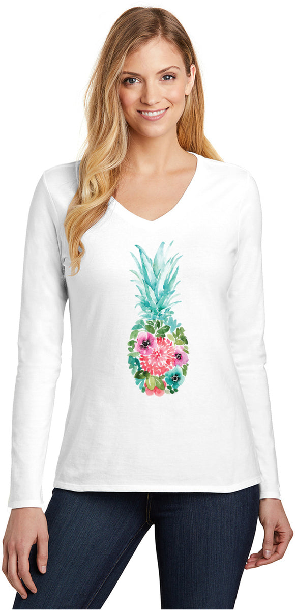 Floral Pineapple Ladies Long Sleeve V-neck Shirt - Yoga Clothing for You