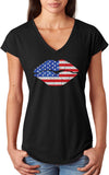 Ladies USA T-shirt Patriotic Lips Triblend V-Neck - Yoga Clothing for You