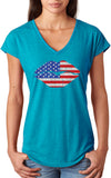 Ladies USA T-shirt Patriotic Lips Triblend V-Neck - Yoga Clothing for You