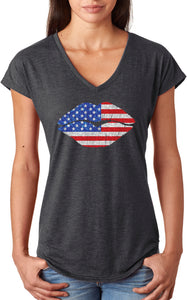 Ladies USA T-shirt Patriotic Lips Triblend V-Neck - Yoga Clothing for You
