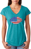 Ladies USA T-shirt Patriotic Lips Triblend V-Neck - Yoga Clothing for You